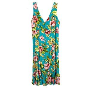 Hilo Hattie Hawaiian Tropical Floral Midi Tank Dress Sleeveless Rayon - SMALL